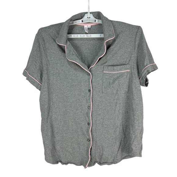 Joyspun Womens Gray Button Front Pajama Shirt XL Pink Trim Short Sleeve - Picture 1 of 5